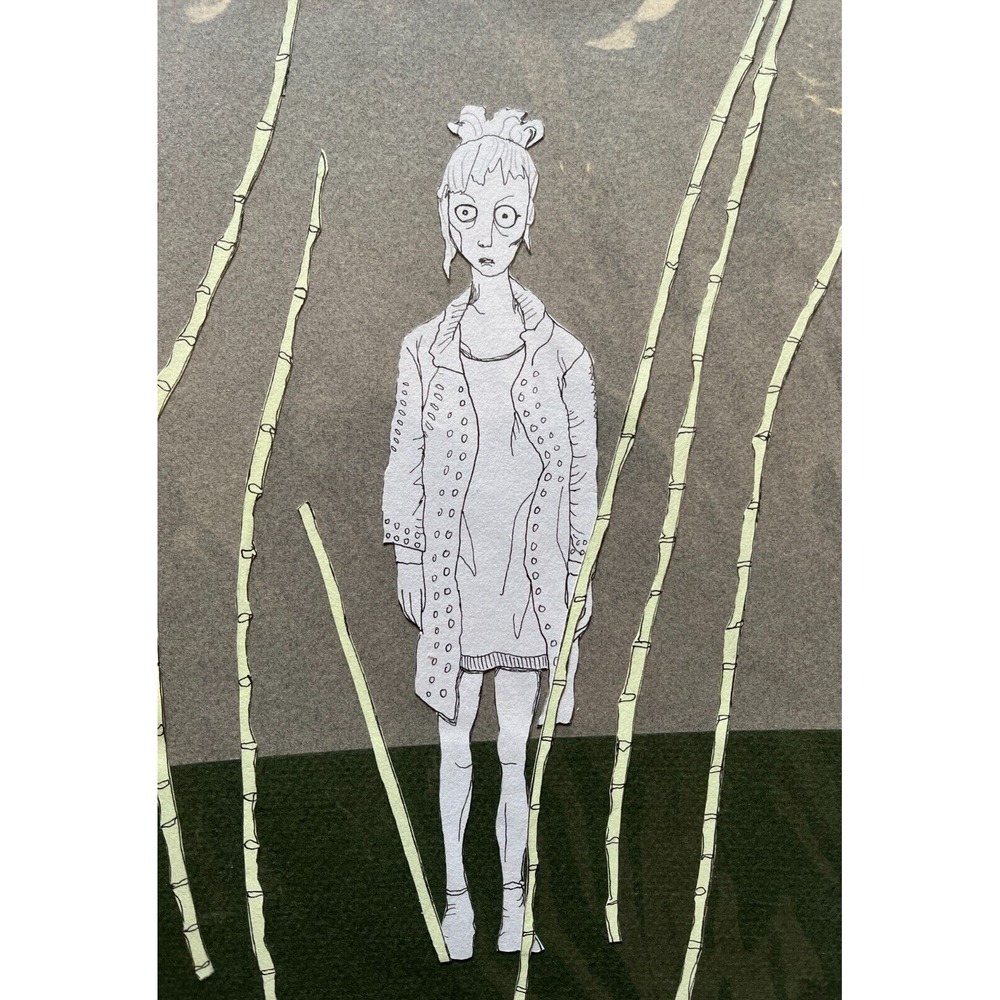 Girl in Bamboo Forest - Original‎ Drawing Pen Ink Collage Art Anime Style Art